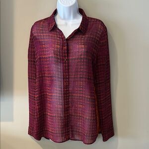 Hinge Women's Purple & Orange Plaid Sheer Long Sleeves Button Down Top Large